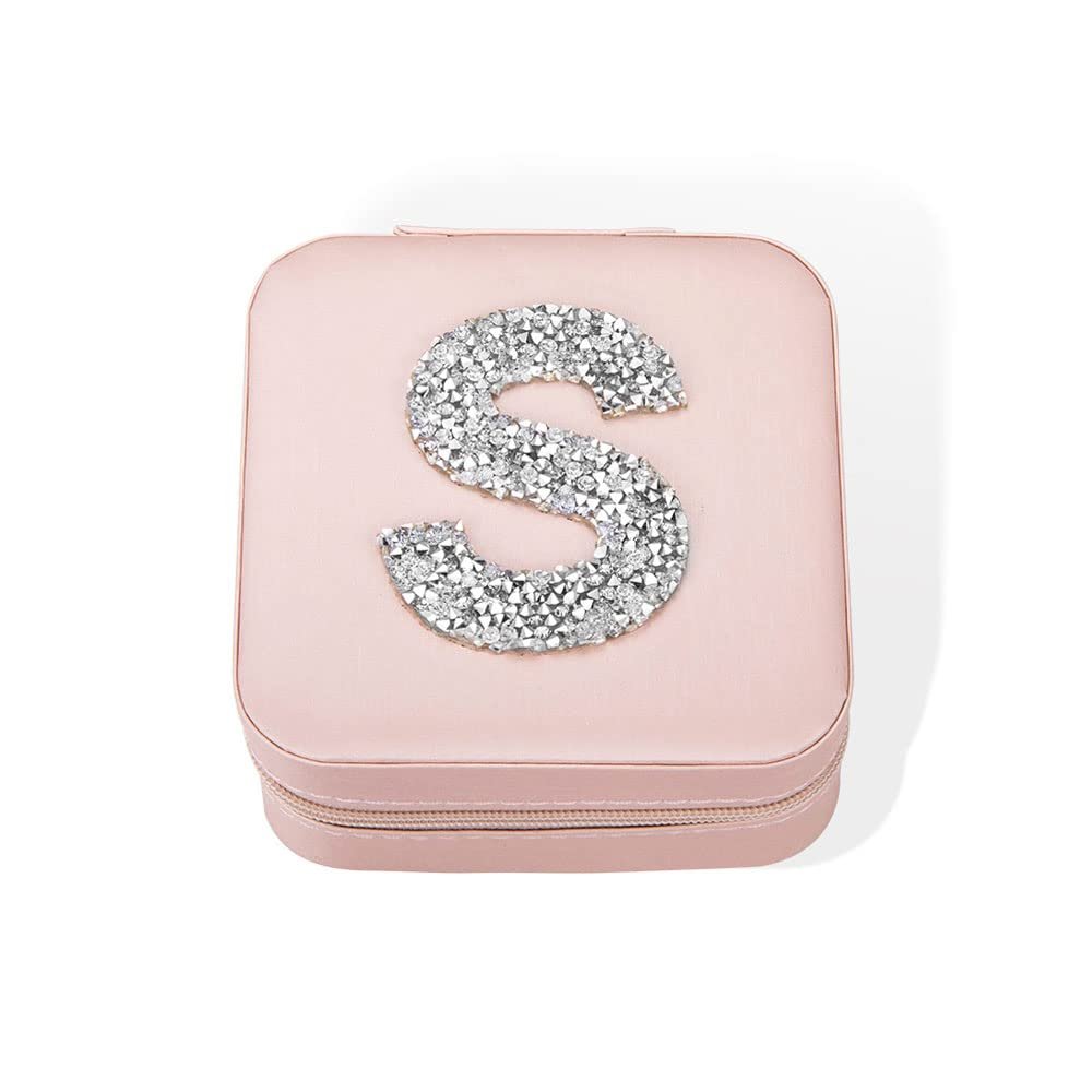 AILIN Personalized Monogram Jewelry Box With Rhinestones Custom Initial Jewelry Organizer Case Portable Travel Jewelry Case For Rings Earrings Necklaces Bracelets