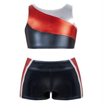 Hansber Kids Girls 2 Piece Dance Outfits Shiny Crop Top with Shorts Set for Gymnastics Yoga Swimming Sport Suit Red 6