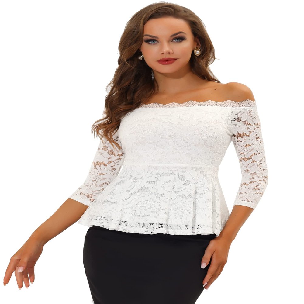 Allegra K Elegant Lace Blouse for Women's Semi Sheer 3/4 Sleeve Off Shoulder Peplum Top Small White