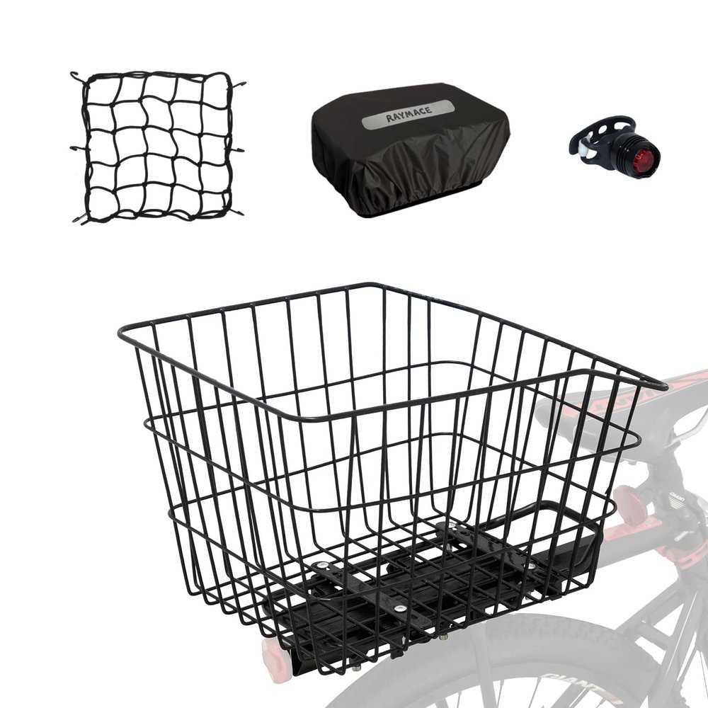 RAYMACE Rear Bike Basket with Waterproof Cover and Cargo Net,Bicycle Cargo Rack Storage X-Large Basket Mount for Back Under SeatX-Large