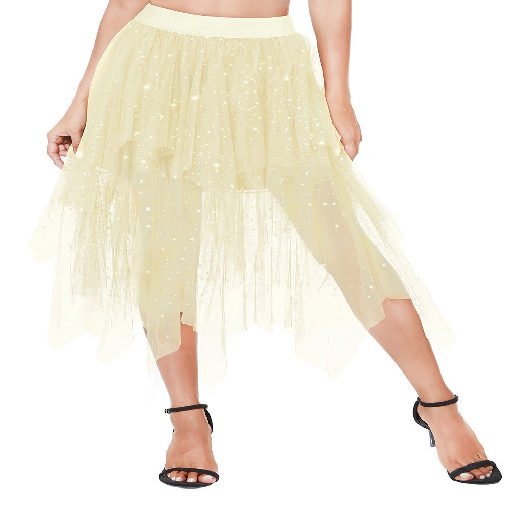 Urban CoCo Women's A-Line Mesh Tutu Skirt Fluffy Layered Tulle Midi Long Skirts with Elastic Waist (S, Series 2-Beige)