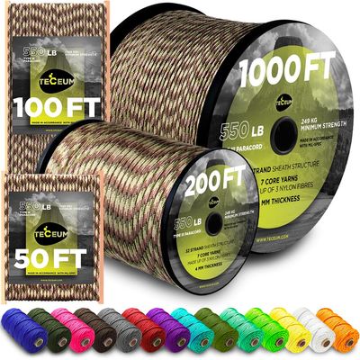 TECEUM Paracord Type III 550 Camo 100 ft 4mm Tactical Rope MIL-SPEC Outdoor para Cord Camping Hiking Fishing Gear and Equipment EDC Parachute Cord Strong Survival Rope