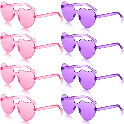 Frienda 8 Pairs Heart Shaped Sunglasses for Women Rimless Heart Glasses Candy Color Sunglasses for Party Favor(Pink, Purple)