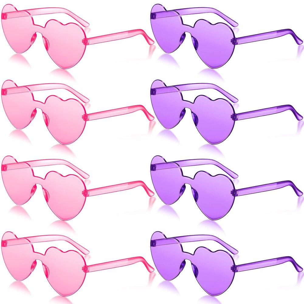 Frienda 8 Pairs Heart Shaped Sunglasses for Women Rimless Heart Glasses Candy Color Sunglasses for Party Favor(Pink, Purple)