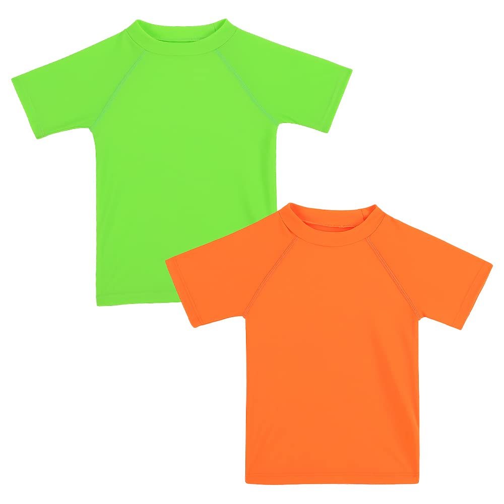 Boys Rash Guard Short Sleeve Toddler Kids Swim Shirt, Youth UPF 50+ Surfing/Sun Suit (Orange&Lime Green,8)