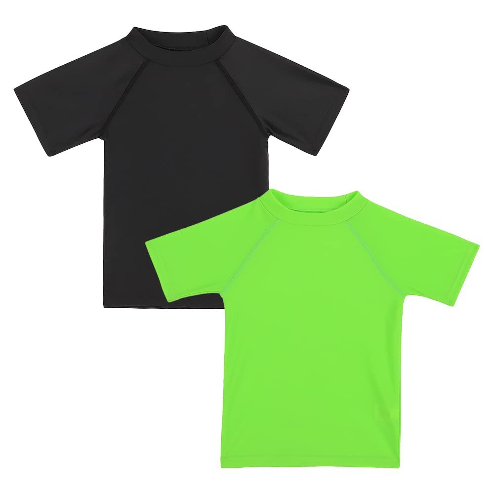 Boys Rash Guard Short Sleeve Toddler Kids Swim Shirt, Youth UPF 50+ Surfing/Sun Suit (Black&Lime Green,10)
