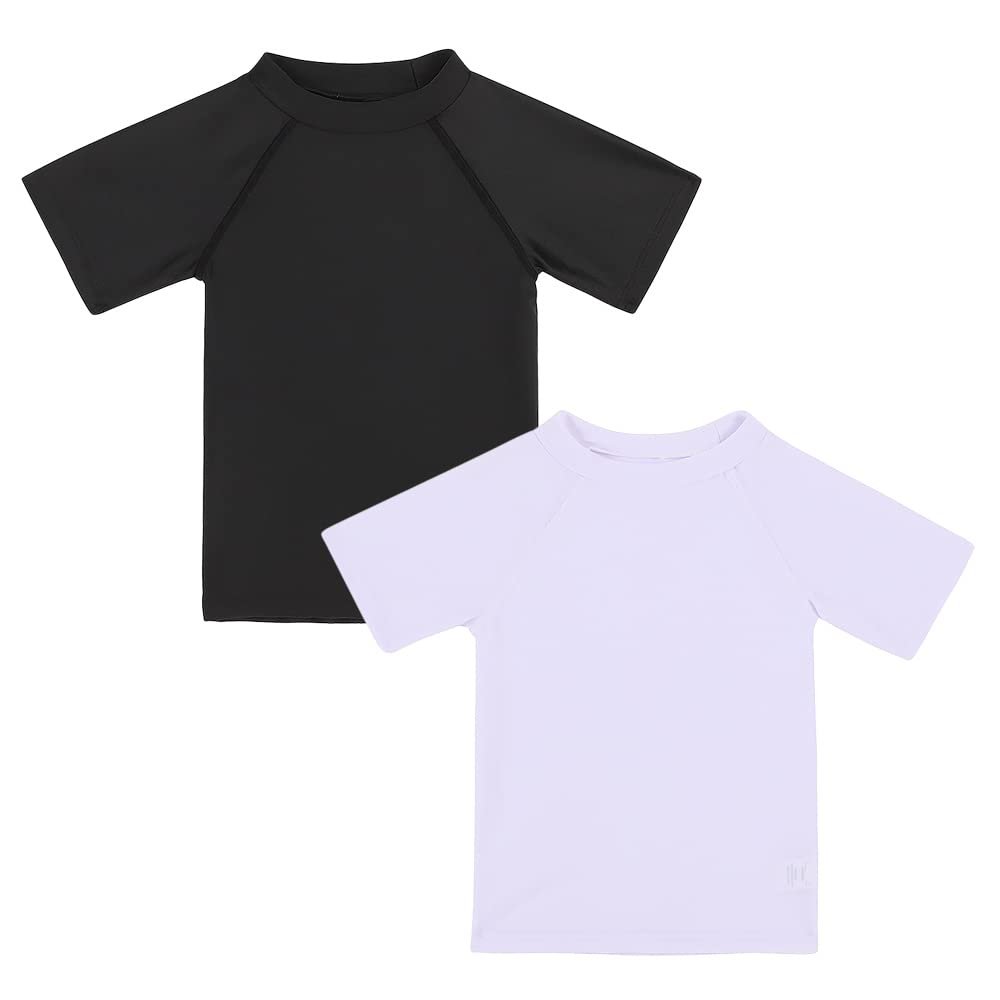 Boys Rash Guard Short Sleeve Toddler Kids Swim Shirt, Youth UPF 50+ Surfing/Sun Suit (White&Black,6)
