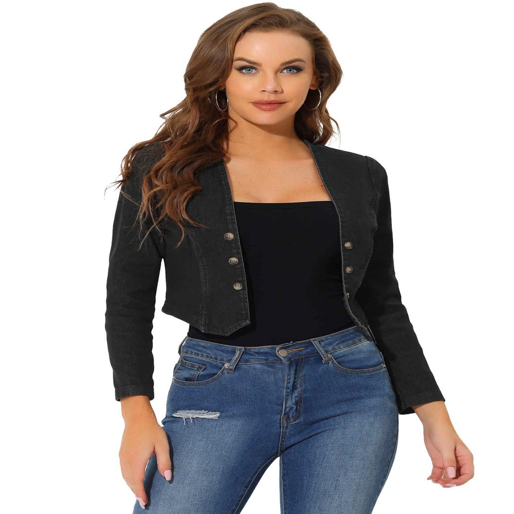 Allegra K Denim Collarless Cropped Jackets for Women's Open Front Jean Cardigan Bolero Shrug Medium Black