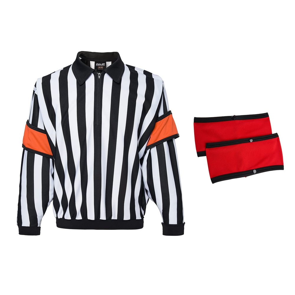 EALER HRJ100 Ice Hockey Long Sleeve Striped Referee/Umpire Jersey Shirt with Removable Orange and Red Armbands S