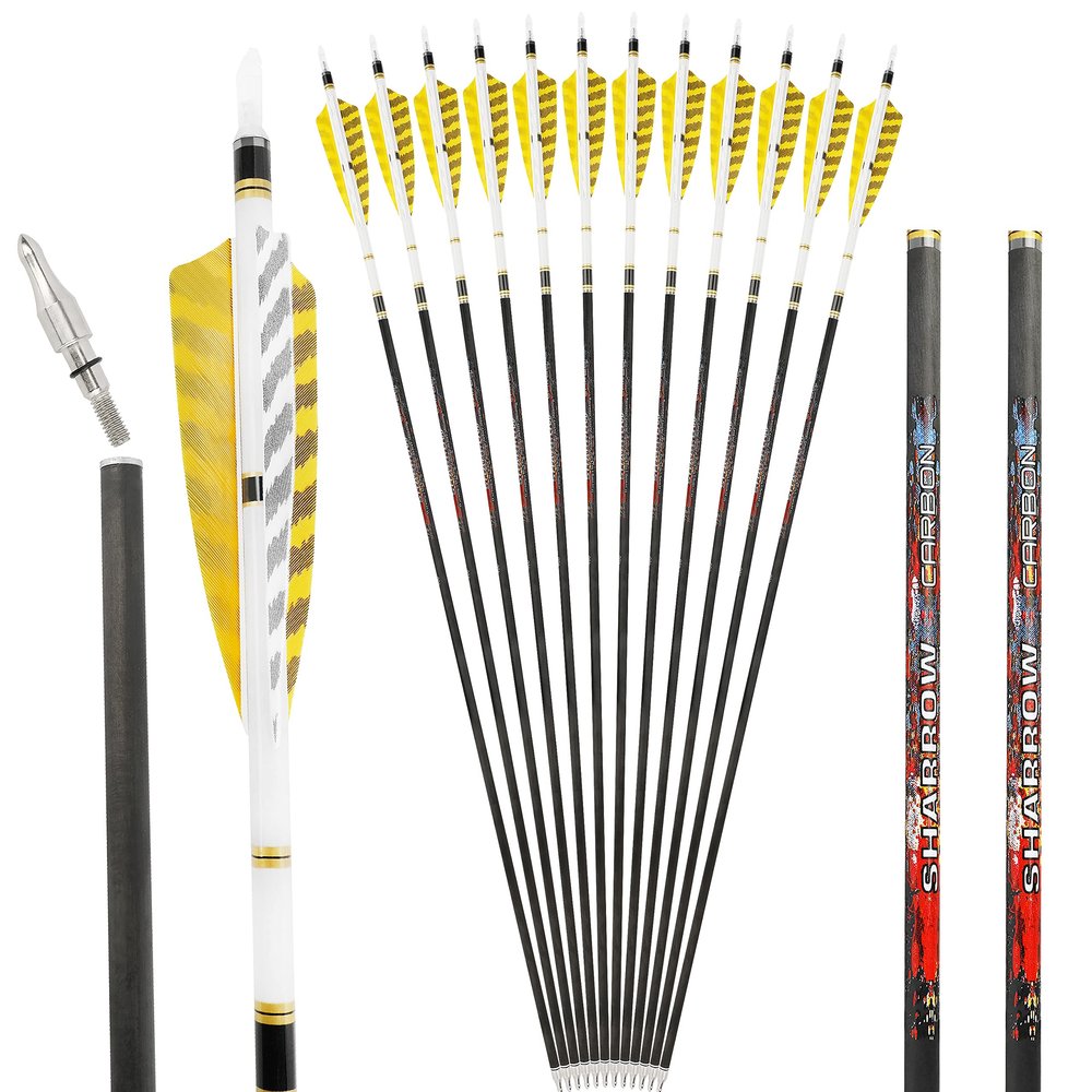 limaity Archery 31Inch Pure Carbon Arrow Target Practice Hunting Arrow 4inch Shield StripeTurkey Feather Removable Tips for Traditional Recurve Bow and Compound Bow Longbow (Spine 350, 12)