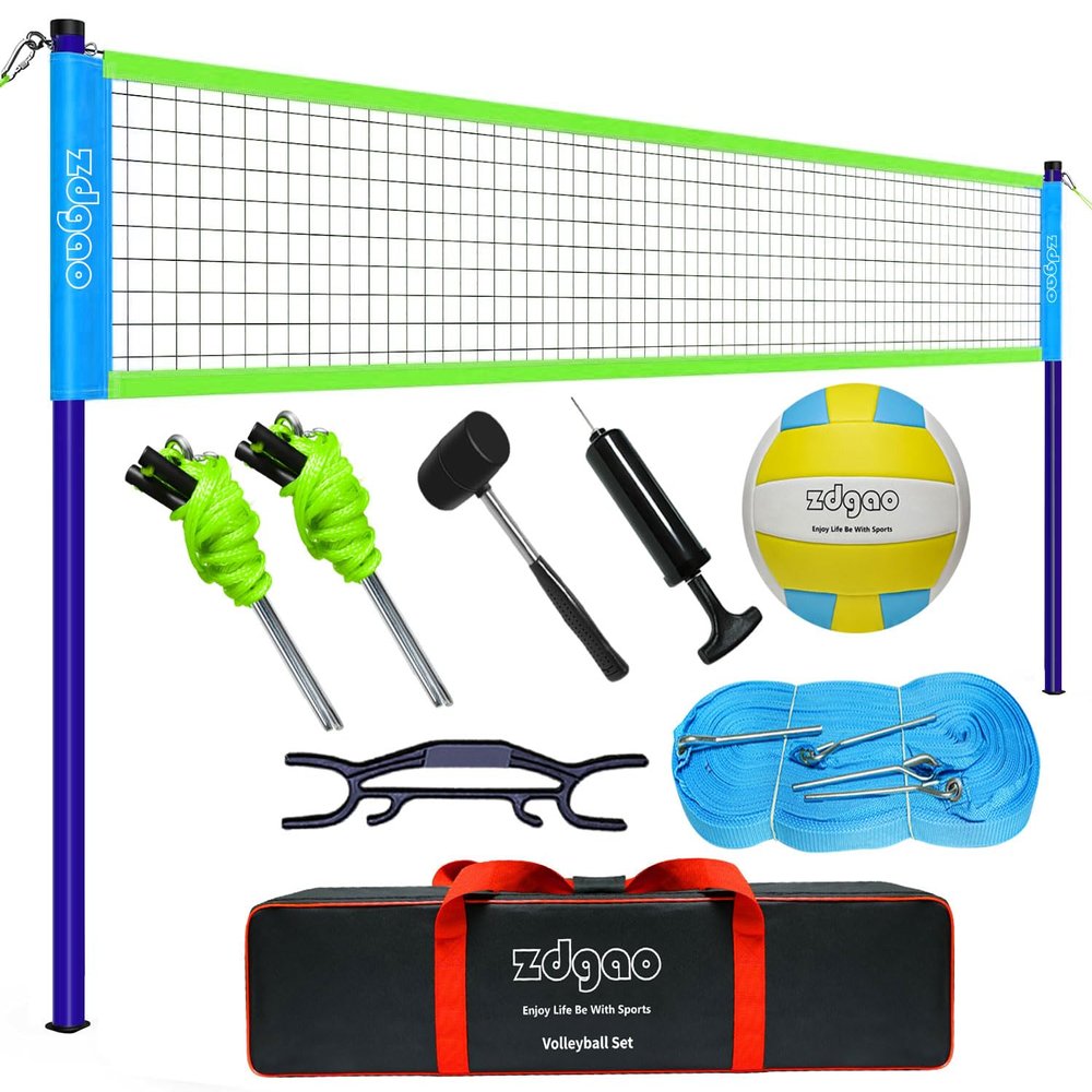 Volleyball Net Outdoor - Portable Volleyball Set for Backyard with Professional Volleyball Net, Wrap Yarn Volleyball and Pump, Boundary Line, Carry Bag (Blue&Green)