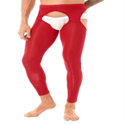 Oyolan Mens Glossy Semi See-through Hollow Out Compression Pants Running Tights Stretchy Leggings for Sports Red#Footless Medium