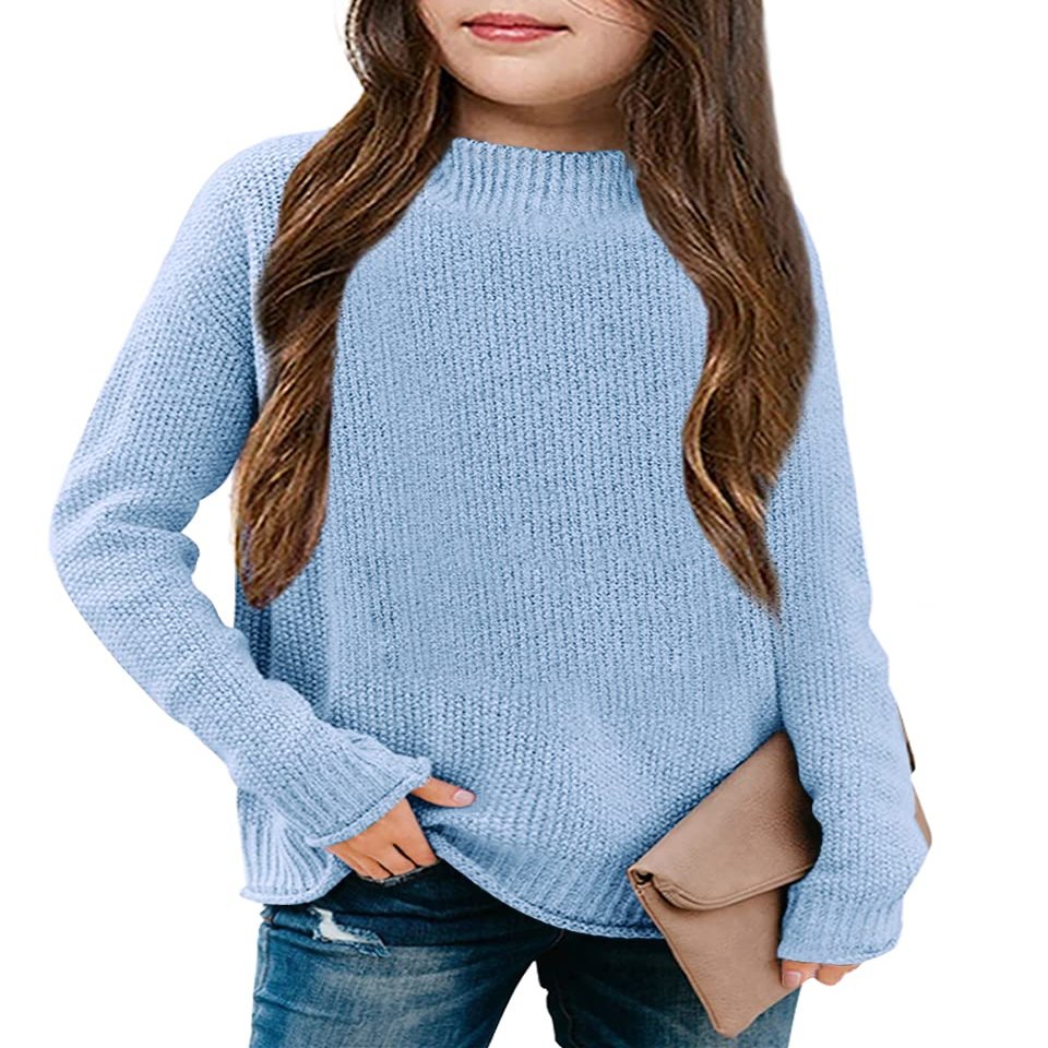 thefabland Girl's Long Sleeve Sweater Mock Neck Fall Soft Knit Pullover Jumper Tops Light Blue