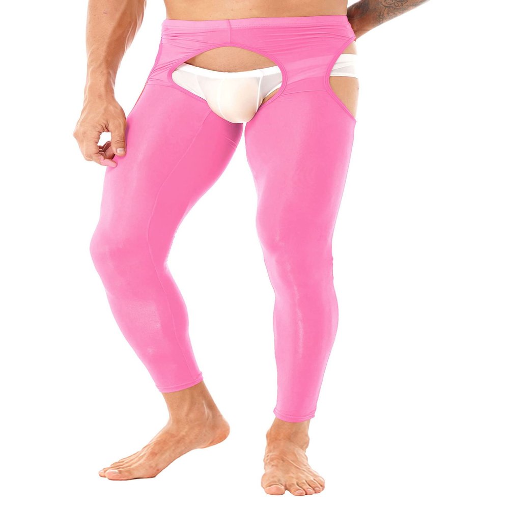 Oyolan Mens Glossy Semi See-through Hollow Out Compression Pants Running Tights Stretchy Leggings for Sports Pink#Footless Medium