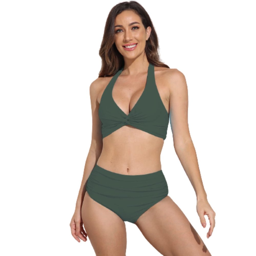 2022 Chest Twisted Split Swimsuit Multi-Color Bikini Spot Swimsuit (Military Green,XL,16)