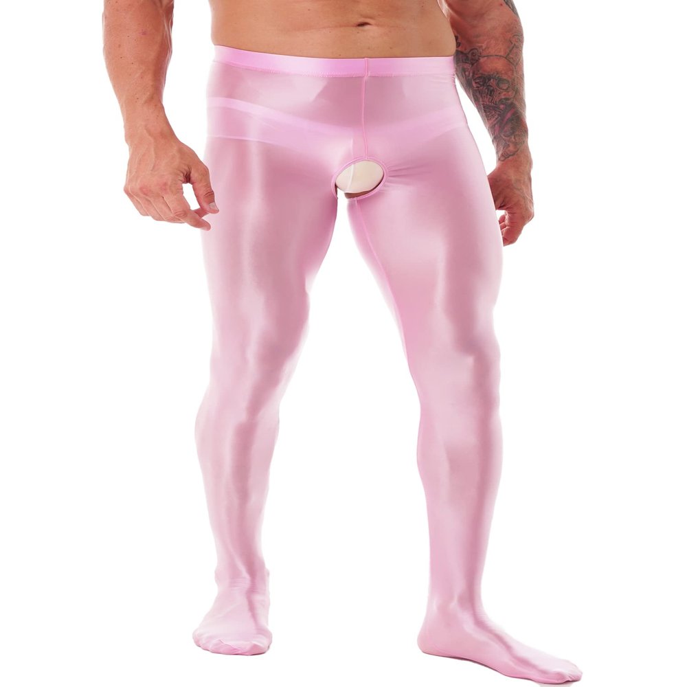 Oyolan Mens Glossy Semi See-through Hollow Out Compression Pants Running Tights Stretchy Leggings for Sports Pink#Footed X-Large