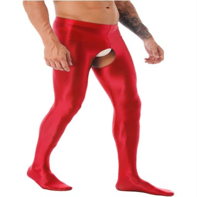 Oyolan Mens Glossy Semi See-through Hollow Out Compression Pants Running Tights Stretchy Leggings for Sports Red#Footed Large