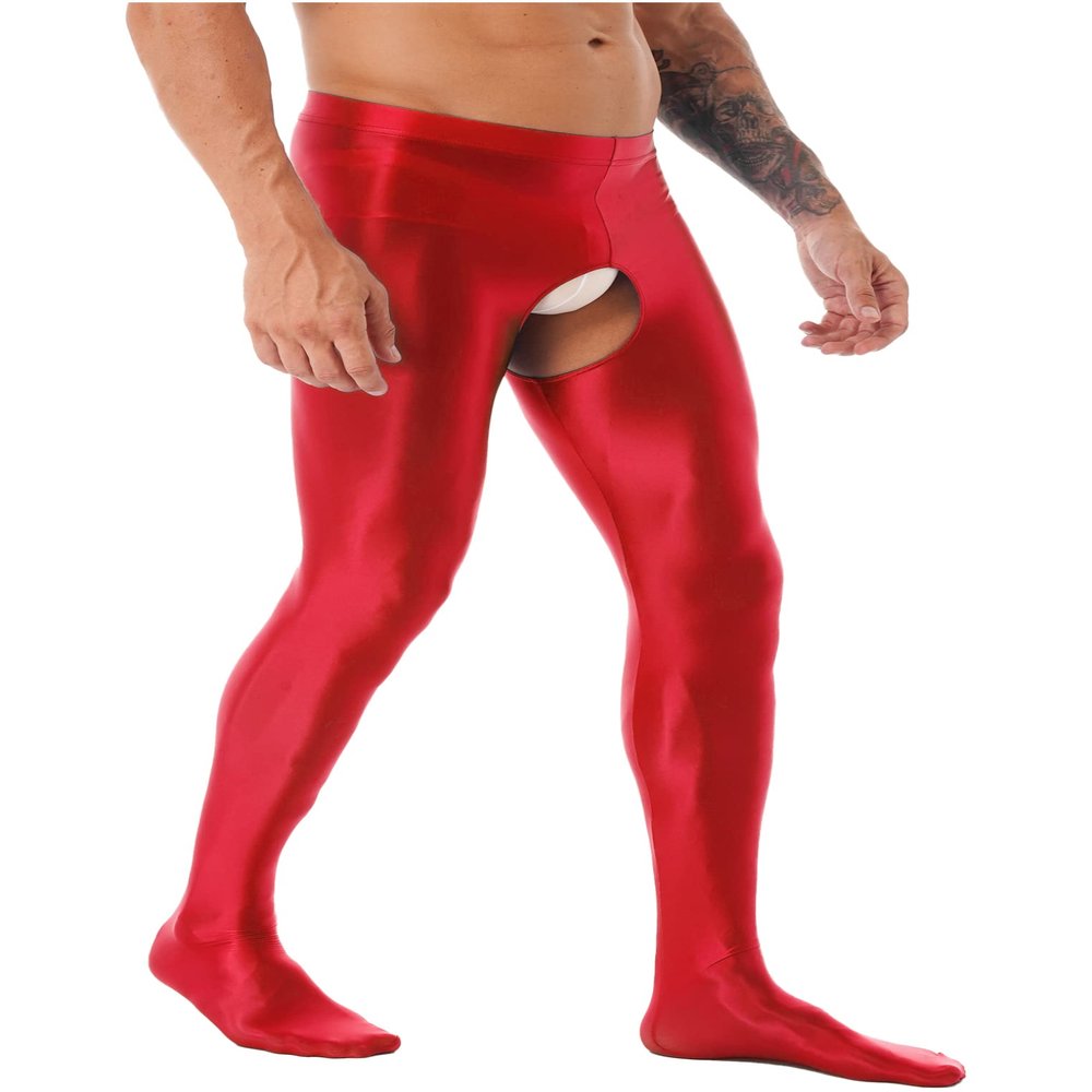 Oyolan Mens Glossy Semi See-through Hollow Out Compression Pants Running Tights Stretchy Leggings for Sports Red#Footed Large