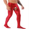 Oyolan Mens Glossy Semi See-through Hollow Out Compression Pants Running Tights Stretchy Leggings for Sports Red#Footed Large view 1