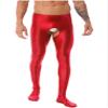 Oyolan Mens Glossy Semi See-through Hollow Out Compression Pants Running Tights Stretchy Leggings for Sports Red#Footed Large view 3