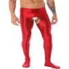 Oyolan Mens Glossy Semi See-through Hollow Out Compression Pants Running Tights Stretchy Leggings for Sports Red#Footed Large view 4
