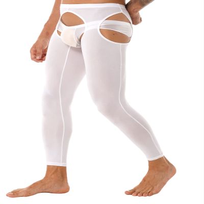 Oyolan Mens Glossy Semi See-through Hollow Out Compression Pants Running Tights Stretchy Leggings for Sports White#Footless Medium