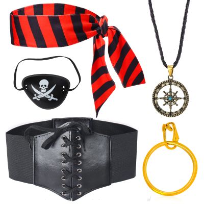Aichiyu Pirate Costume Accessories Set Pirate Headband Wrap Eye Patch Earring Necklace Lace-up Elastic Waist Belt for Halloween, Role Play, Masquerade (B)