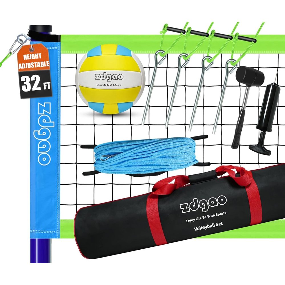 Outdoor Portable Volleyball Net System - Adjustable Height Poles with Soft Volleyball Ball, Pump, Hammer, Boundary Line, and Carry Bag for Backyard, Beach, Lawn