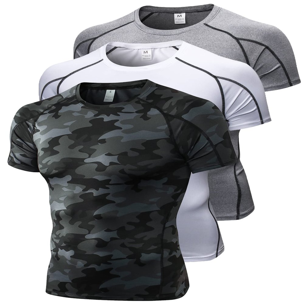 3 Pack Men's Compression Shirts Short Sleeve Workout T-Shirt Cool Dry Undershirts Baselayer Sport Cool Shirt Running Tops