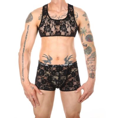 UIWFJEH Men'S Sexy Brazilian Underwear Man Lace Vest Sexy Chest Harness Boxers Set Shorts Lingerie Stage Costume Exoti Black