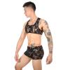 UIWFJEH Men'S Sexy Brazilian Underwear Man Lace Vest Sexy Chest Harness Boxers Set Shorts Lingerie Stage Costume Exoti Black view 2