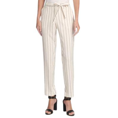 DKNY Womens Ivory Stretch Pocketed Zippered Tie-Waist Belted Slim Ankle Pinstripe Wear to Work Straight Leg Pants 16