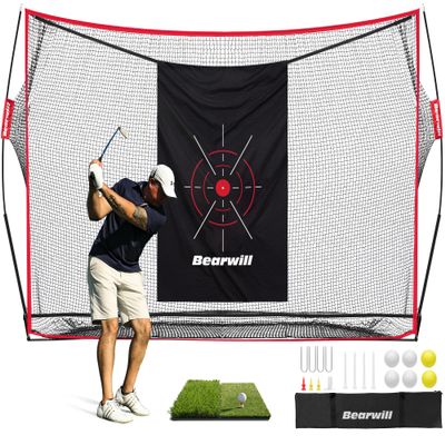 Bearwill Golf Net, 10x7ft Heavy Duty Golf Practice Nets with Mat, Target Cloth, 8 Tees, 6 Balls, Carry Bag for Backyard Driving Chipping Indoor Outdoor Training