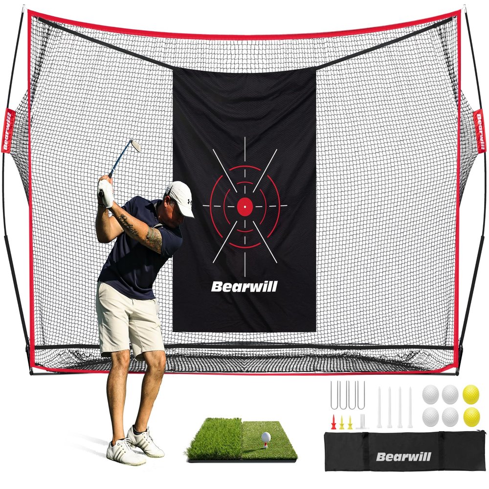 Bearwill Golf Net, 10x7ft Heavy Duty Golf Practice Nets with Mat, Target Cloth, 8 Tees, 6 Balls, Carry Bag for Backyard Driving Chipping Indoor Outdoor Training