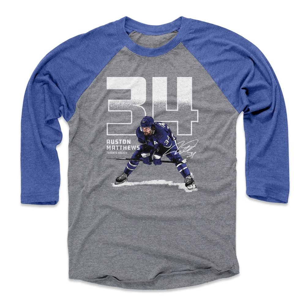 500 LEVEL Auston Matthews 3/4 Sleeve T-Shirt (Baseball Tee, XXX-Large, Royal/Heather Gray) - Auston Matthews Toronto Outline WHT