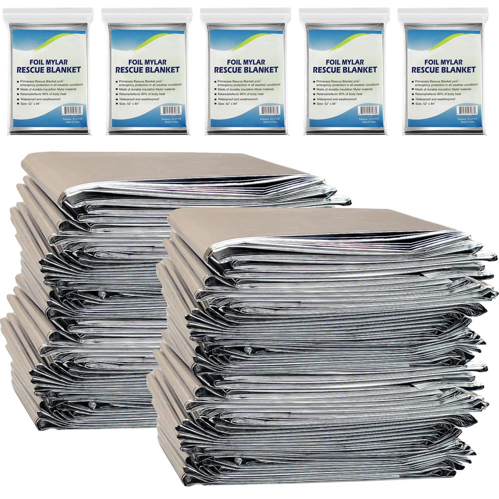 NOVAMEDIC Emergency Mylar Foil Thermal Blankets - Pack of 200, 84"x52", Individually Wrapped, Waterproof Survival Blanket for Camping, Outdoors, First Aid Kit & Travel, Lightweight & Compact, Silver