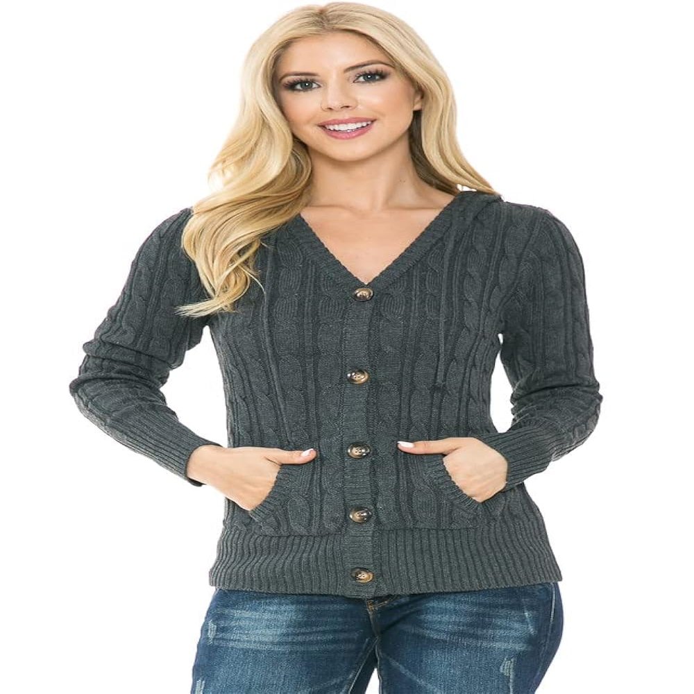 ANNVA U.S.A. Cardigan Sweaters for Women,Hooded Sweaters for Women,Long Sleeve Open Front Buttons Knit Cardigan for Women(Charcoal,X-Large)