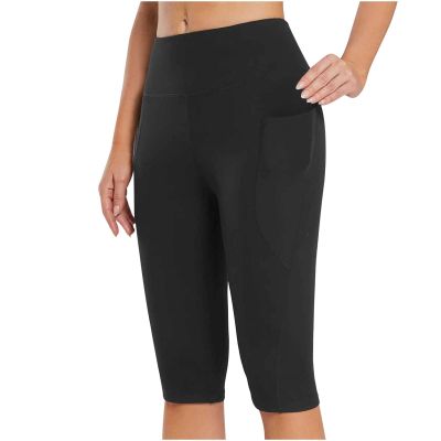 tuduoms High Waist Biker Short for Women Stretch Yoga Workout Capri Leggings Knee Length Cycling Capris Comfy Running Joggers Black