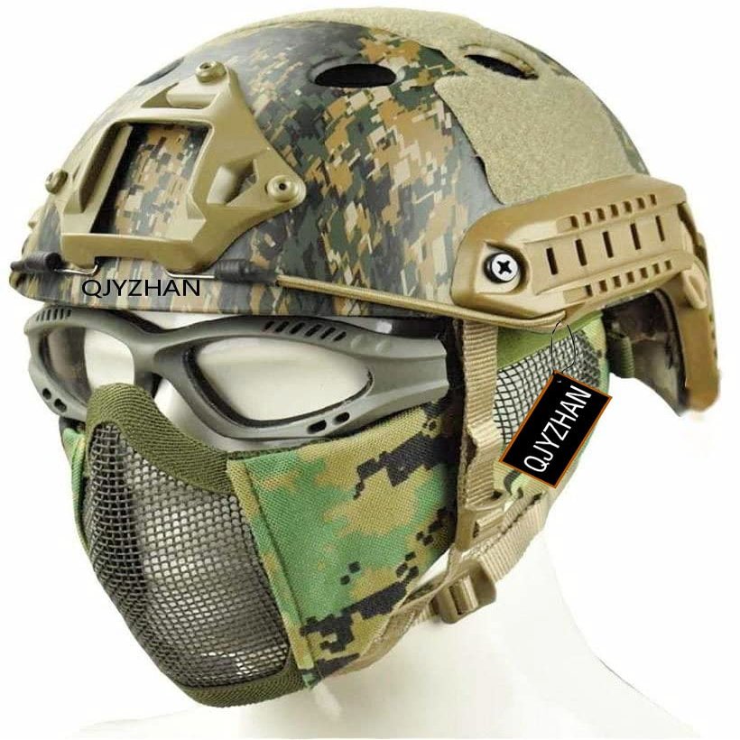 MH Tactical Airsoft Fast Helmet Combinedwith Foldable Ear Protection Half Face Mesh Mask and Goggles for Airsoft Paintball, Role-Playing, and CS Game Set