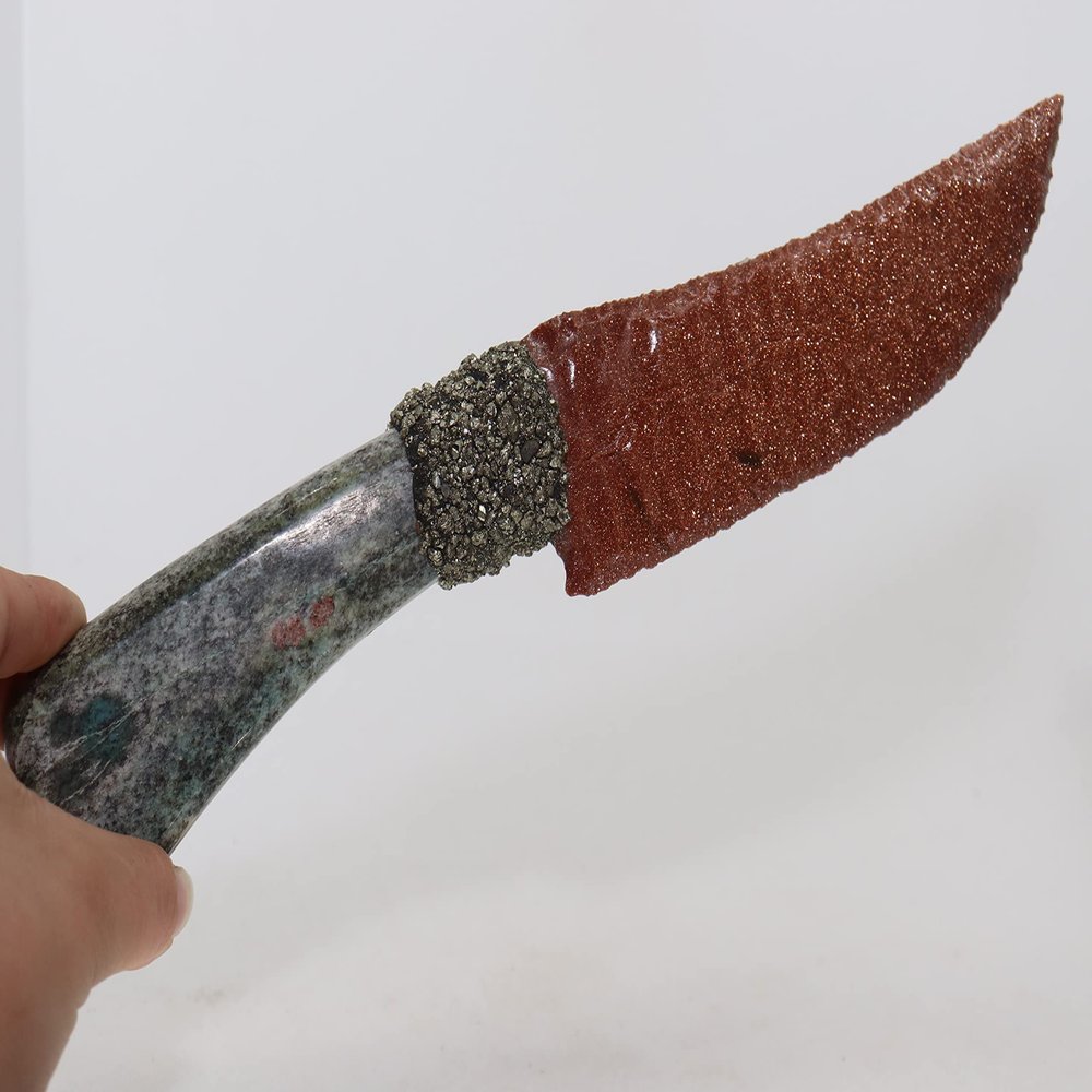 Brown Goldstone/Sandstone Flint Knapped Pressure Flaked Fantasy Blade Point Cosplay/Wiccan/Mayan Eccentric Energy Wand Hafted On Polished Ruby Zozite Handle; Crushed Pytite