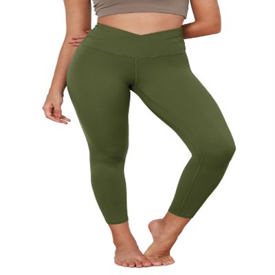 ODODOS Women's Cross Waist 7/8 Yoga Leggings with Inner Pocket, Inseam 25" Gathered Crossover Workout Yoga Pants, Dark Olive, Large