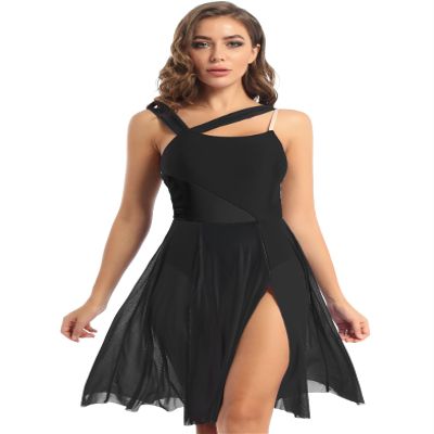 Yihuimin Women's Lyrical Dance Dress Cutout Split Tulle Skirt Leotard Modern Contemporary Dancewear Black Medium