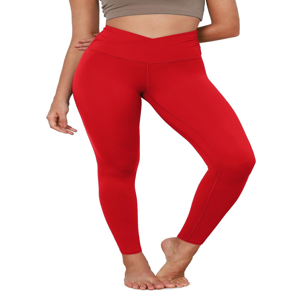 ODODOS Women's Cross Waist Full Length Yoga Leggings with Inner Pocket, Inseam 28" Gathered Crossover Workout Yoga Pants, Red, Large