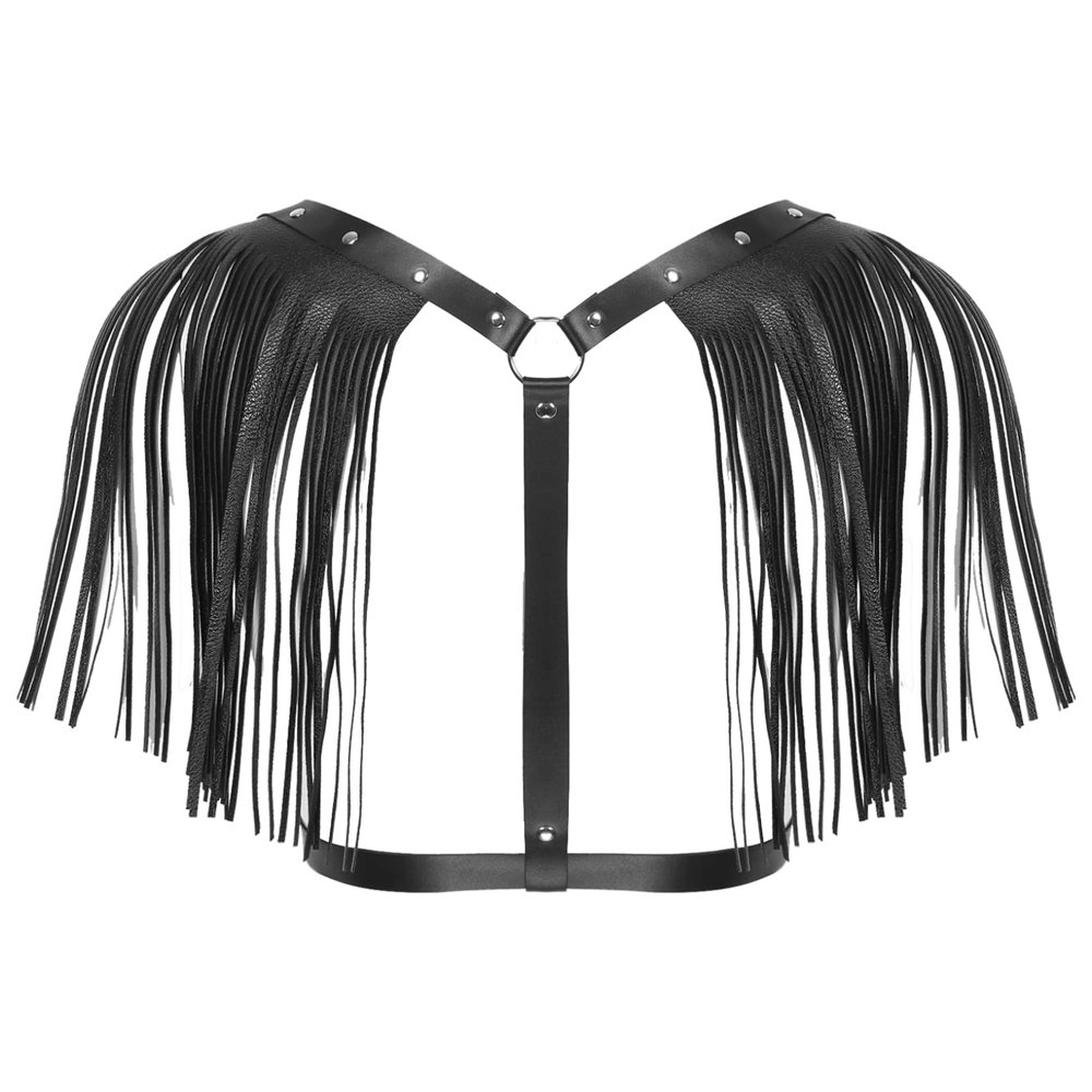 ACSUSS Mens Adjustable PU Leather Body Chest Harness Bandage Belt with Shoulder Tassel Clubwear Black One Size