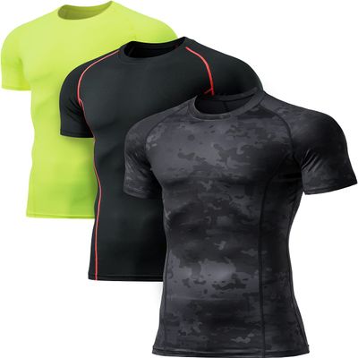 ATHLIO Men's Cool Dry Short Sleeve Compression Shirts, Sports Baselayer T-Shirts Tops, Athletic Workout Shirt, 3pack Tops Utility Camo Black/Black/Neon, X-Large