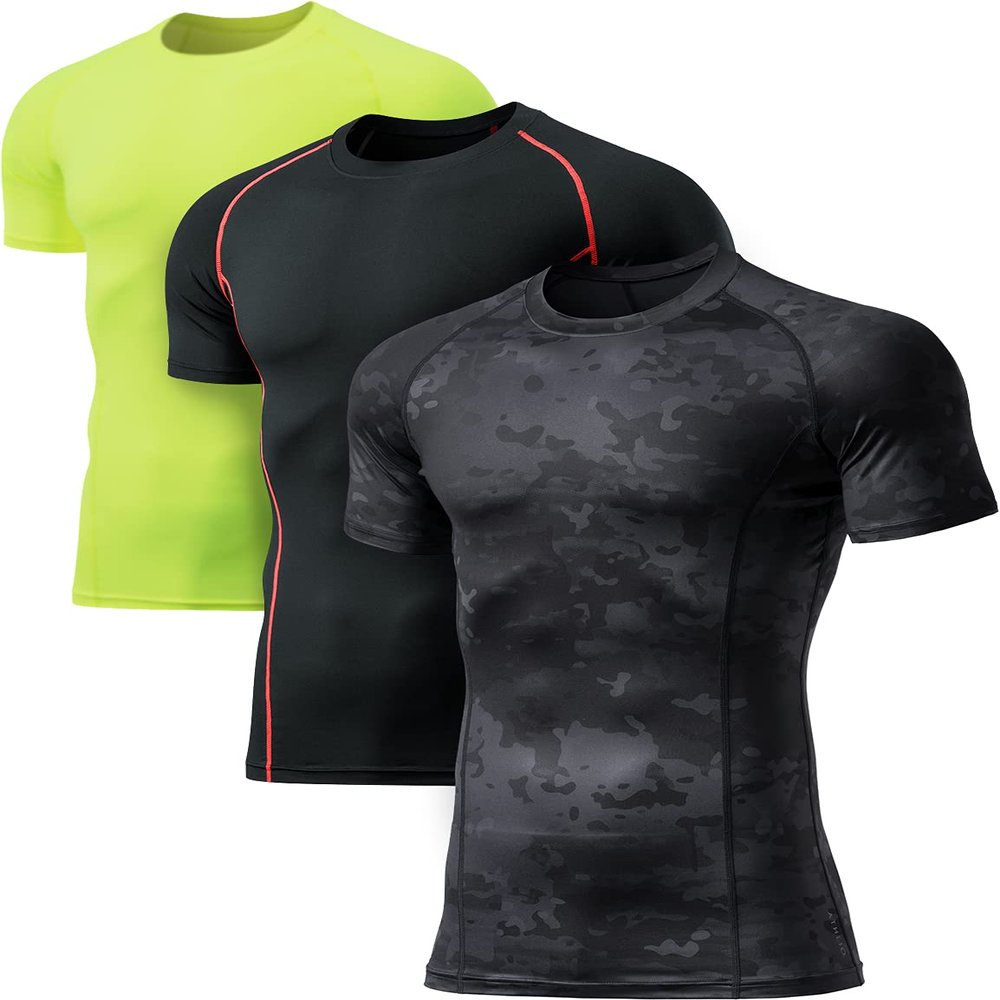 ATHLIO Men's Cool Dry Short Sleeve Compression Shirts, Sports Baselayer T-Shirts Tops, Athletic Workout Shirt, 3pack Tops Utility Camo Black/Black/Neon, X-Large