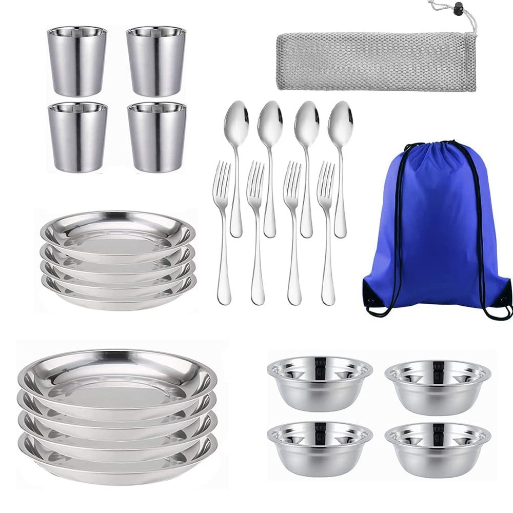 Stainless Steel Bowl Set Kit Polished Stainless Steel Dishes Set| Tableware| Dinnerware| Camping| Buffet| Includes - Cups | Plates| Bowls| Cutlery| Comes in Bags