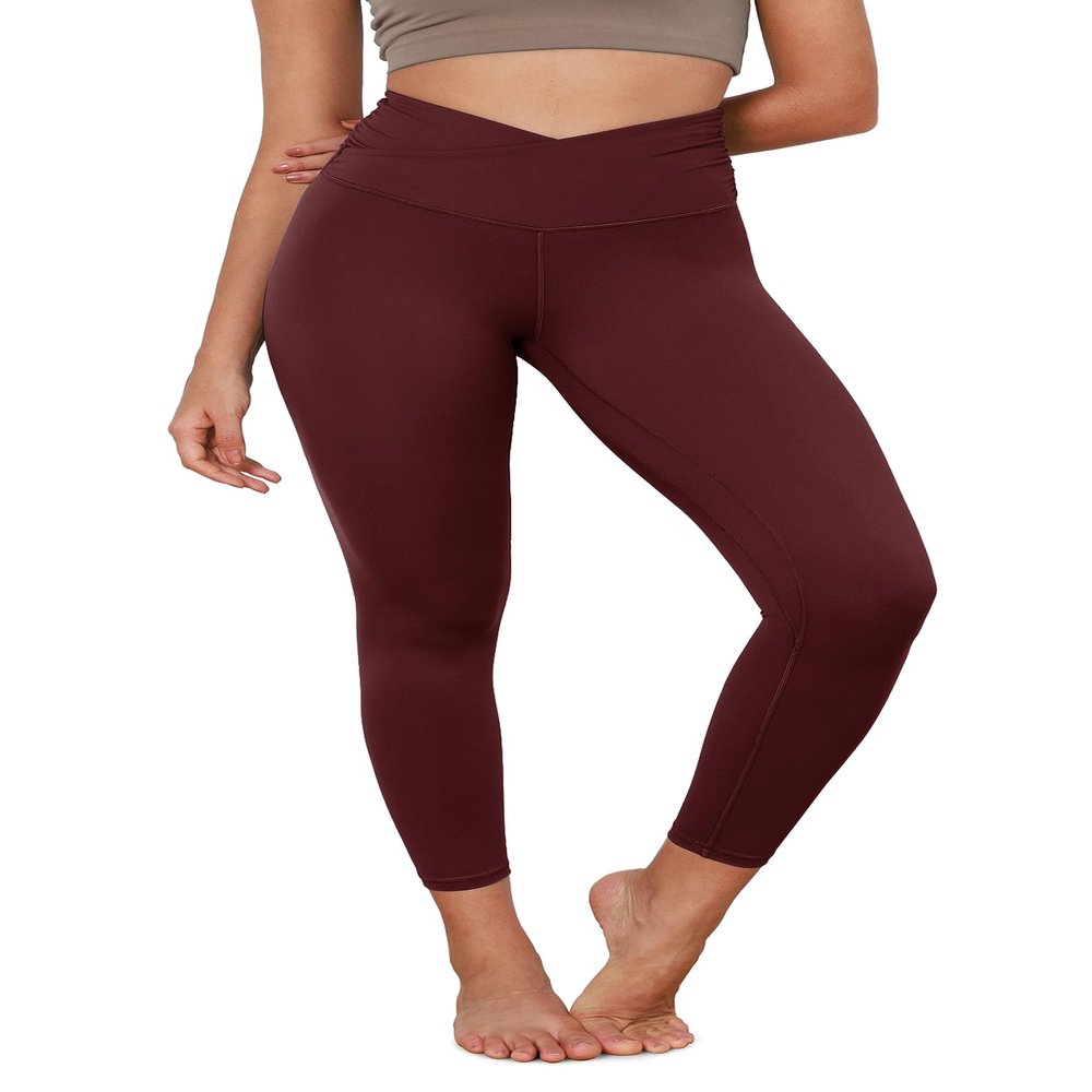 ODODOS Women's Cross Waist 7/8 Yoga Leggings with Inner Pocket, Inseam 25" Gathered Crossover Workout Yoga Pants, Burgundy, Small