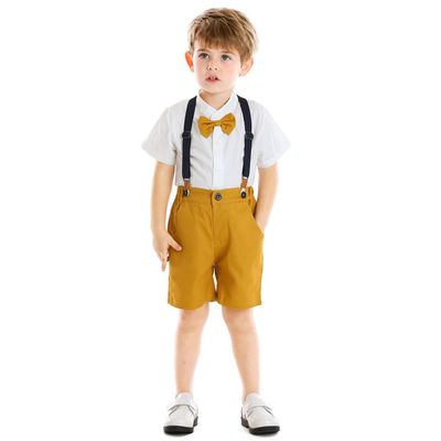 Summer Toddler Baptism Outfits for Boys Baby Wedding Outfit Dress Clothes Easter Christening Shirt Bowtie Suspenders Shorts 1st Birthday Infant Kids Formal Gentleman Suits Yellow 6-12 Months