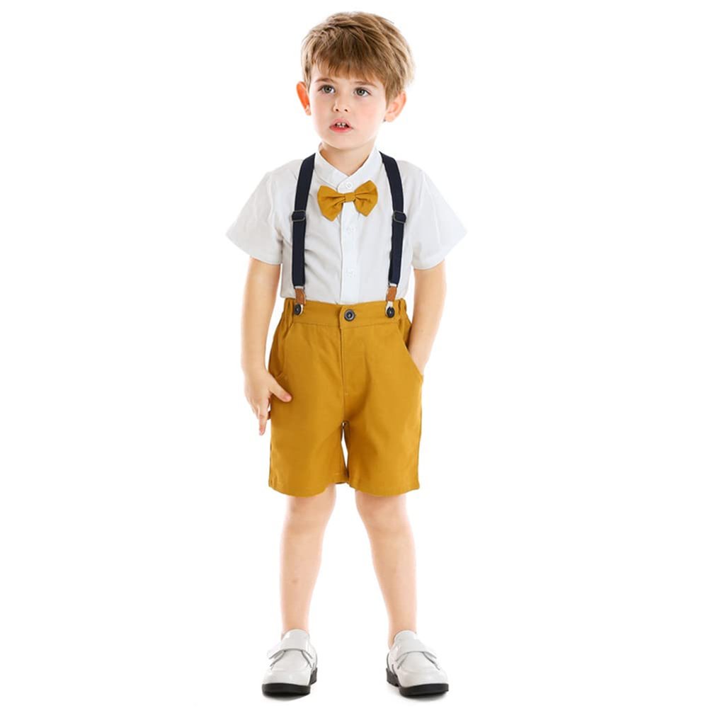 Summer Toddler Baptism Outfits for Boys Baby Wedding Outfit Dress Clothes Easter Christening Shirt Bowtie Suspenders Shorts 1st Birthday Infant Kids Formal Gentleman Suits Yellow 6-12 Months